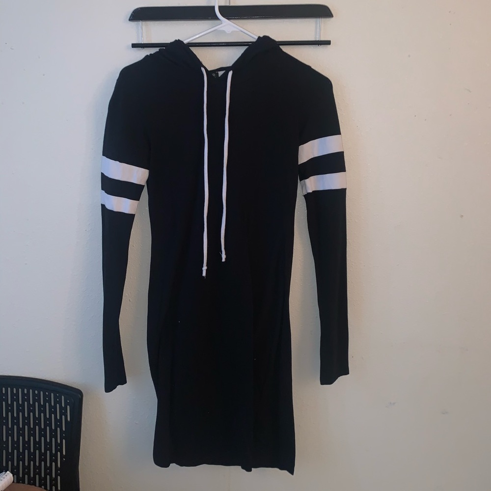 Black long sleeve dress with hoodie & drawstring.